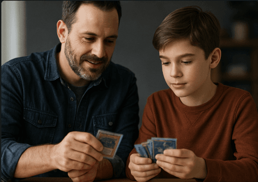 Father and son examining trading cards