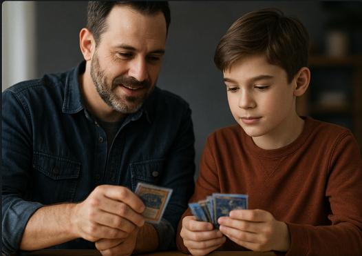 Father and son examining trading cards